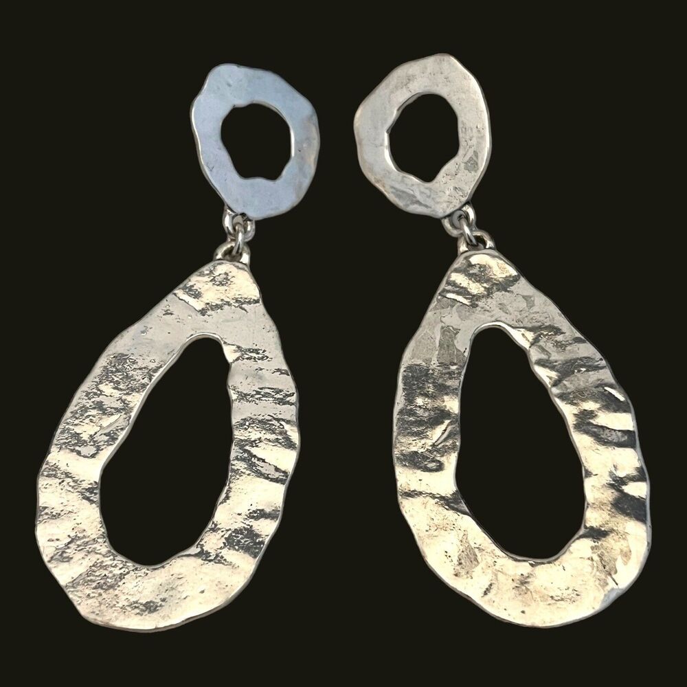 Vintage 1980s Statement Earrings Hammered Silver Tone Pierced Unworn Stock - 4B